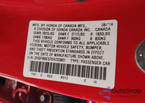 2014 Honda Civic Si z USA, uszkodzony, nr VIN 2HGFB6E57EH705801